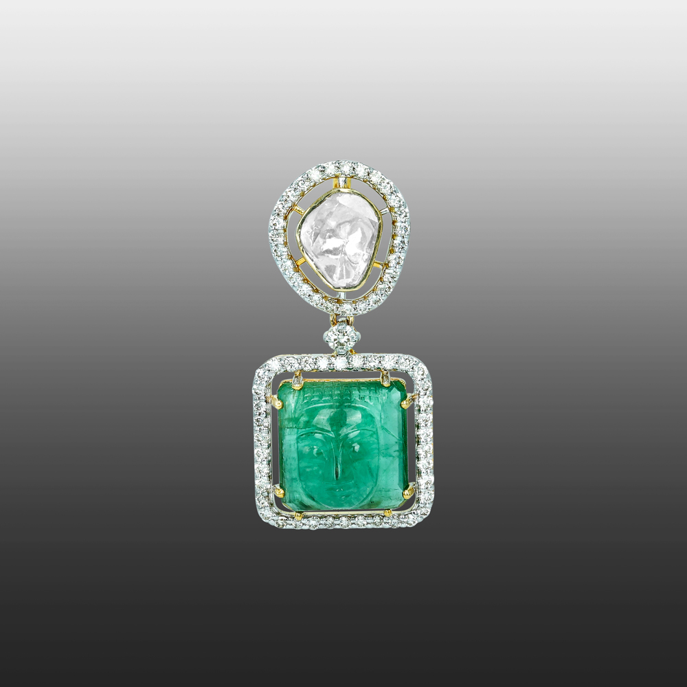 Carved Emerald Pendant with Halo Polki and Diamond